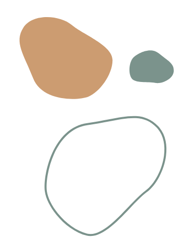 Formes géométriques, type tâches, de couleurs beige et vert. 2 sont en plein et un est en vide